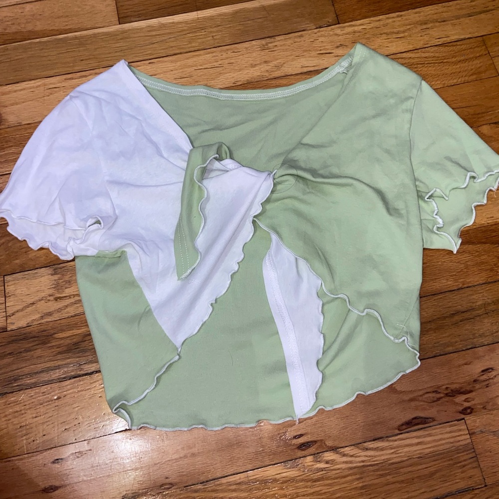 White and green split short sleeves/ cropped cover up